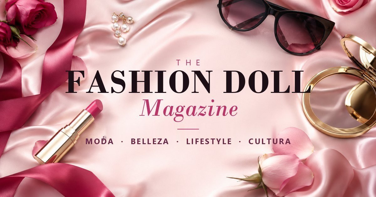 Portada de The Fashion Doll Magazine: labial, perlas, lentes de sol y rosas sobre satén rosa.